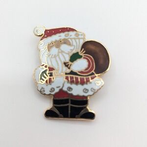 Vintage‎ Santa Claus Enamel Pin Christmas Holiday Gift Bag Gold Tone Metal 1970s